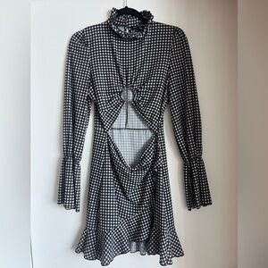 Black & White Gingham Cutout Mini Long-Sleeve Dress